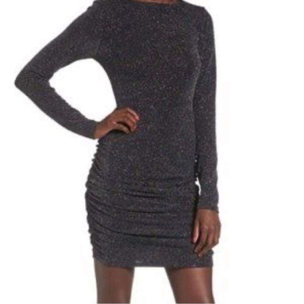 LEITH Shimmer Ruched Mini Dress in Black Multi